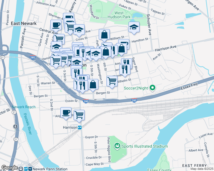 map of restaurants, bars, coffee shops, grocery stores, and more near 52 Washington Street in Harrison