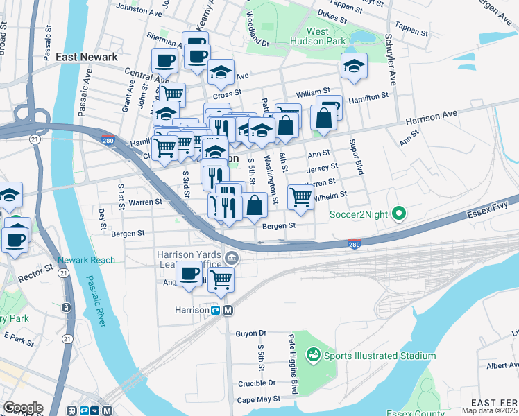 map of restaurants, bars, coffee shops, grocery stores, and more near in Harrison