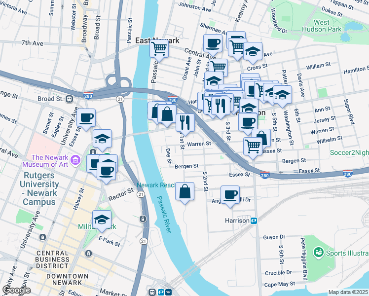 map of restaurants, bars, coffee shops, grocery stores, and more near 108 Warren Street in Harrison