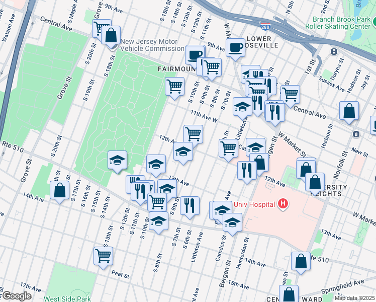 map of restaurants, bars, coffee shops, grocery stores, and more near 210 South 9th Street in Newark