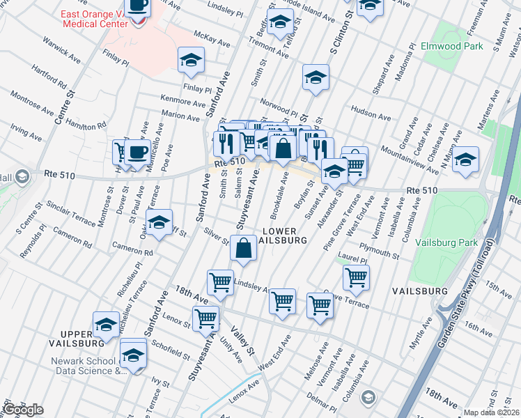map of restaurants, bars, coffee shops, grocery stores, and more near 57 Norwood Street in Newark