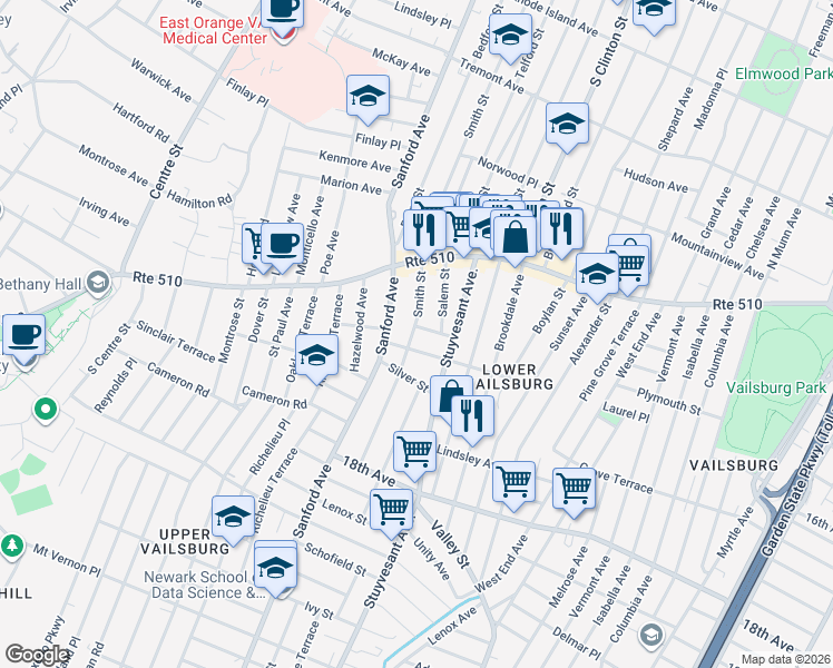 map of restaurants, bars, coffee shops, grocery stores, and more near 17 Rockland Terrace in Newark