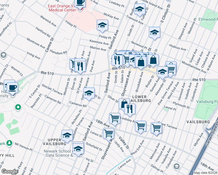map of restaurants, bars, coffee shops, grocery stores, and more near 500 Sanford Avenue in Newark