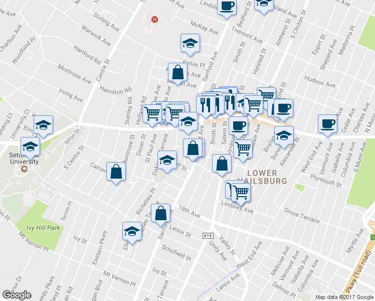 map of restaurants, bars, coffee shops, grocery stores, and more near 35 Hazelwood Avenue in Newark
