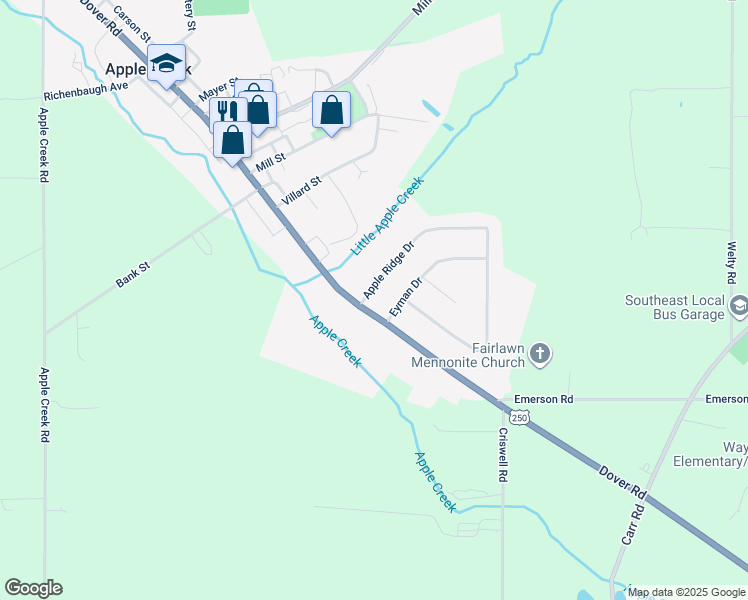 map of restaurants, bars, coffee shops, grocery stores, and more near 52 Apple Ridge Drive in Apple Creek