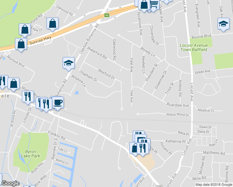 map of restaurants, bars, coffee shops, grocery stores, and more near 3110 Wilshire Lane in Oakdale