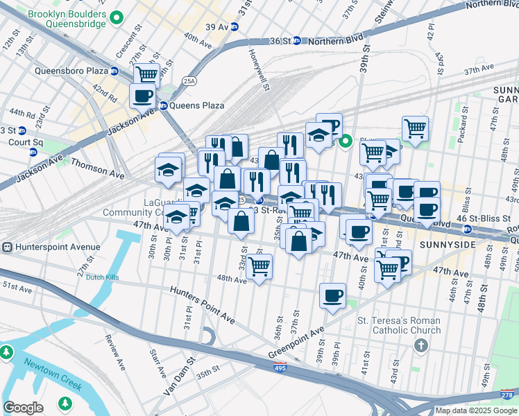 map of restaurants, bars, coffee shops, grocery stores, and more near in Queens