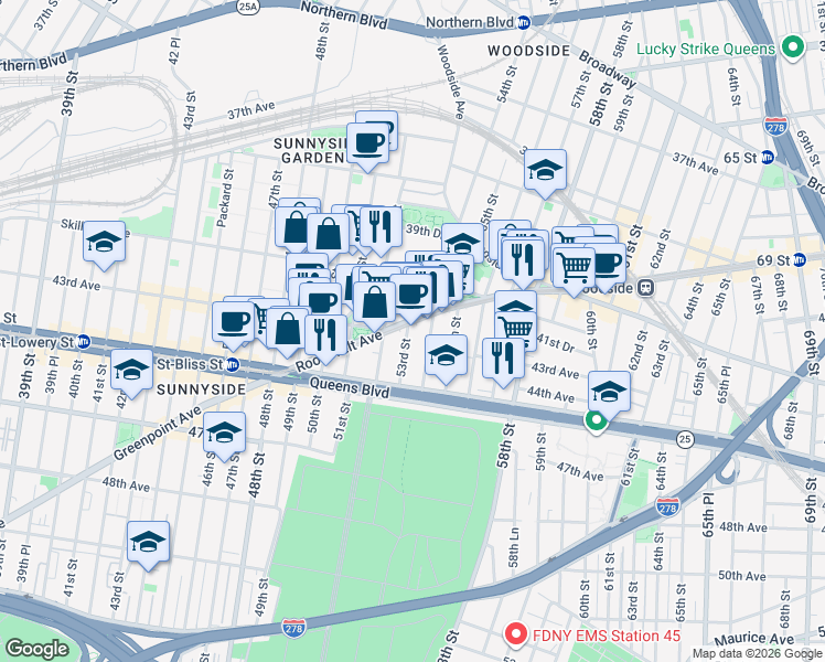 map of restaurants, bars, coffee shops, grocery stores, and more near 41-53 53rd Street in Queens