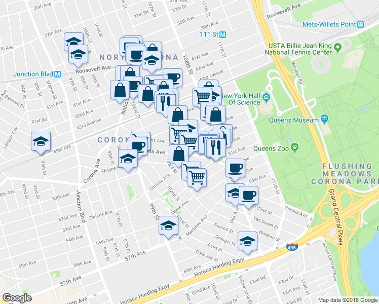 map of restaurants, bars, coffee shops, grocery stores, and more near 104-11 Corona Avenue in Queens