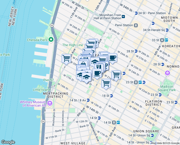 map of restaurants, bars, coffee shops, grocery stores, and more near 336 West 20th Street in New York