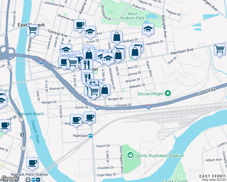 map of restaurants, bars, coffee shops, grocery stores, and more near 1 Washington Street in Harrison