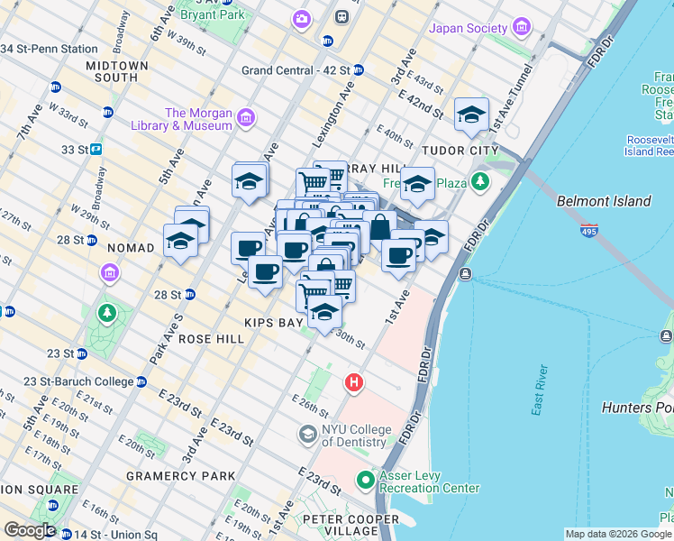 map of restaurants, bars, coffee shops, grocery stores, and more near 244 East 33rd Street in New York