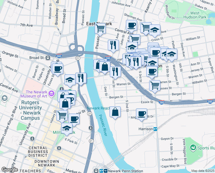 map of restaurants, bars, coffee shops, grocery stores, and more near 200 Dey Street in Harrison