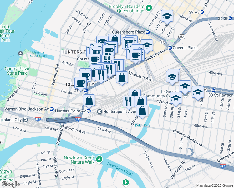 map of restaurants, bars, coffee shops, grocery stores, and more near 45-50 Pearson Street in Queens