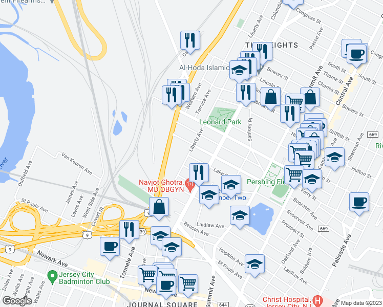 map of restaurants, bars, coffee shops, grocery stores, and more near 227 Liberty Avenue in Jersey City