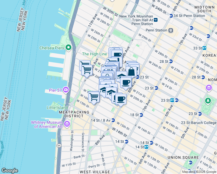 map of restaurants, bars, coffee shops, grocery stores, and more near 154 9th Avenue in New York