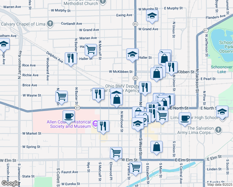 map of restaurants, bars, coffee shops, grocery stores, and more near 518 West Wayne Street in Lima