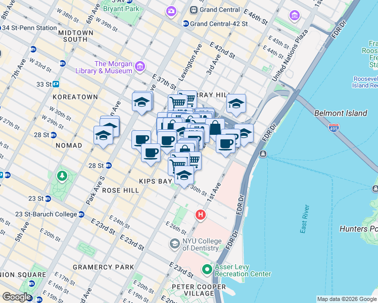 map of restaurants, bars, coffee shops, grocery stores, and more near 239 East 33rd Street in New York