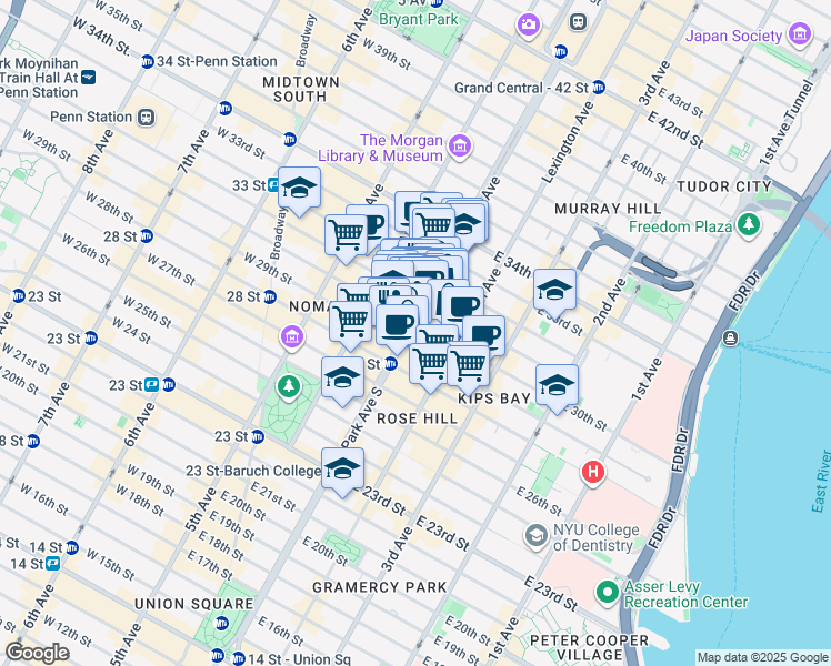 map of restaurants, bars, coffee shops, grocery stores, and more near in New York