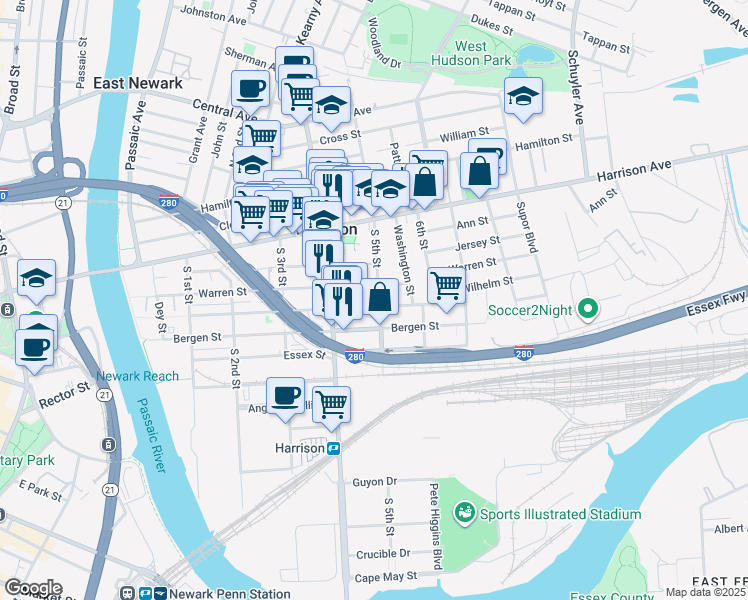map of restaurants, bars, coffee shops, grocery stores, and more near in Harrison
