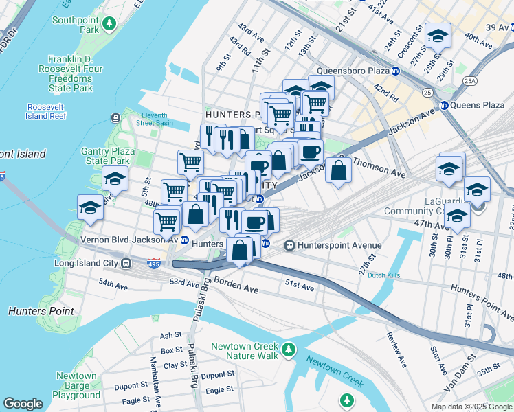 map of restaurants, bars, coffee shops, grocery stores, and more near in Queens