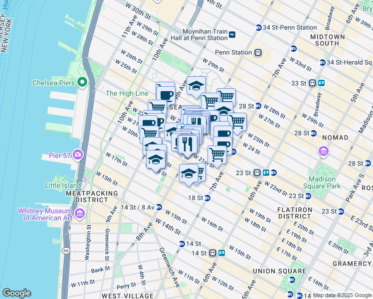 map of restaurants, bars, coffee shops, grocery stores, and more near 301 West 21st Street in New York