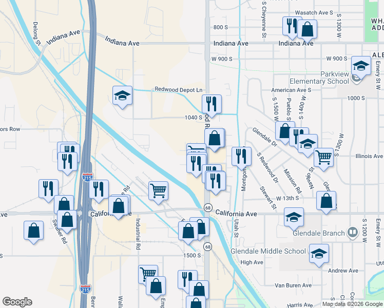 map of restaurants, bars, coffee shops, grocery stores, and more near 1146 South Redwood Drive in Salt Lake City