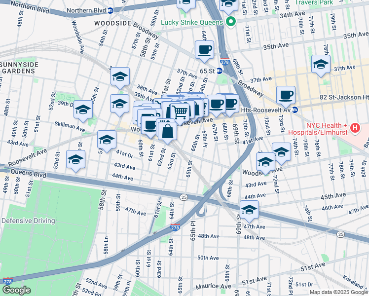 map of restaurants, bars, coffee shops, grocery stores, and more near 39-71 64th Street in Queens