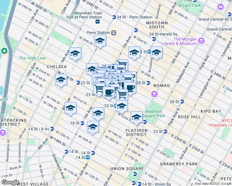 map of restaurants, bars, coffee shops, grocery stores, and more near 131 West 24th Street in New York