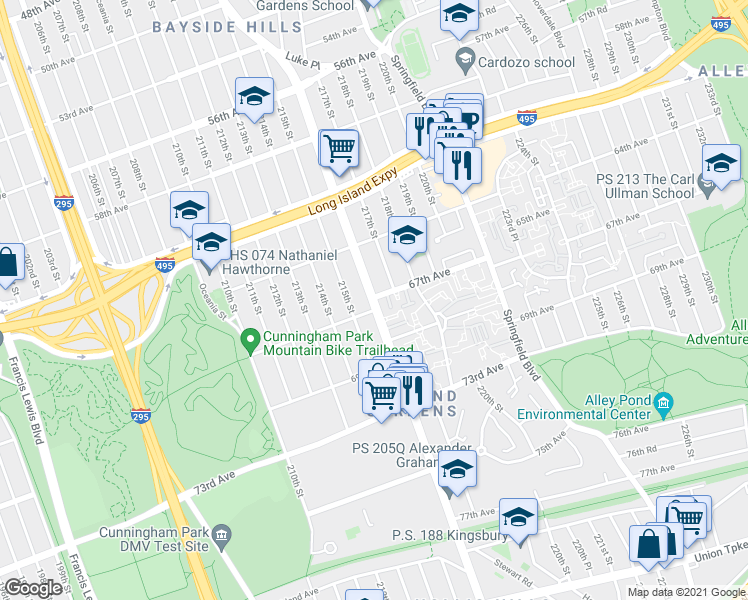 map of restaurants, bars, coffee shops, grocery stores, and more near 64-55 Bell Boulevard in Queens