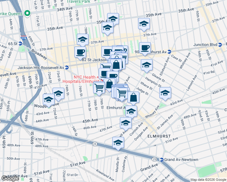 map of restaurants, bars, coffee shops, grocery stores, and more near 42-15 Layton Street in Queens