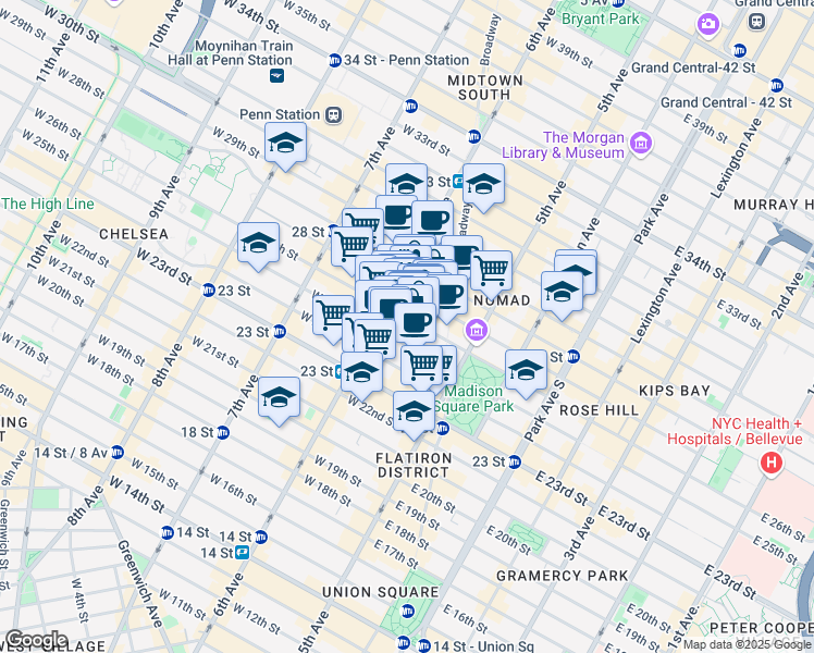 map of restaurants, bars, coffee shops, grocery stores, and more near 36 West 26th Street in New York