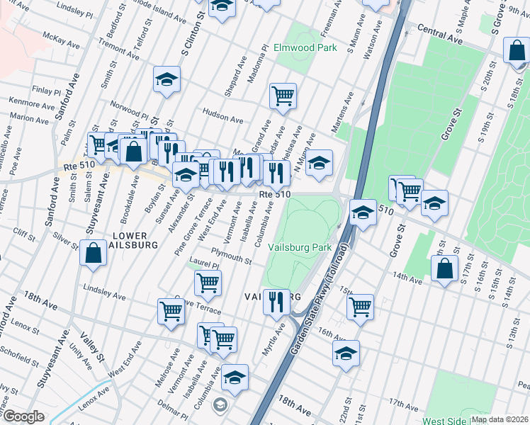 map of restaurants, bars, coffee shops, grocery stores, and more near 17 South Munn Avenue in Newark