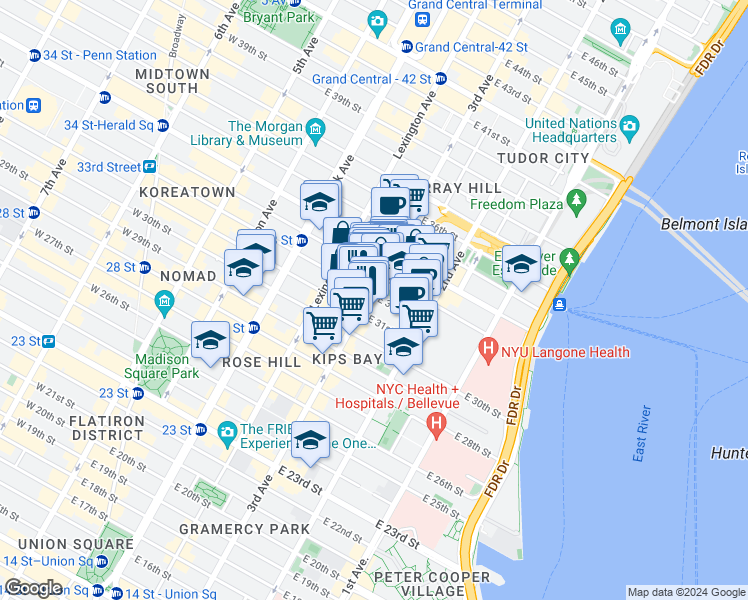 map of restaurants, bars, coffee shops, grocery stores, and more near 200 East 33rd Street in New York