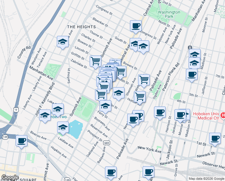 map of restaurants, bars, coffee shops, grocery stores, and more near 50 Cambridge Avenue in Jersey City