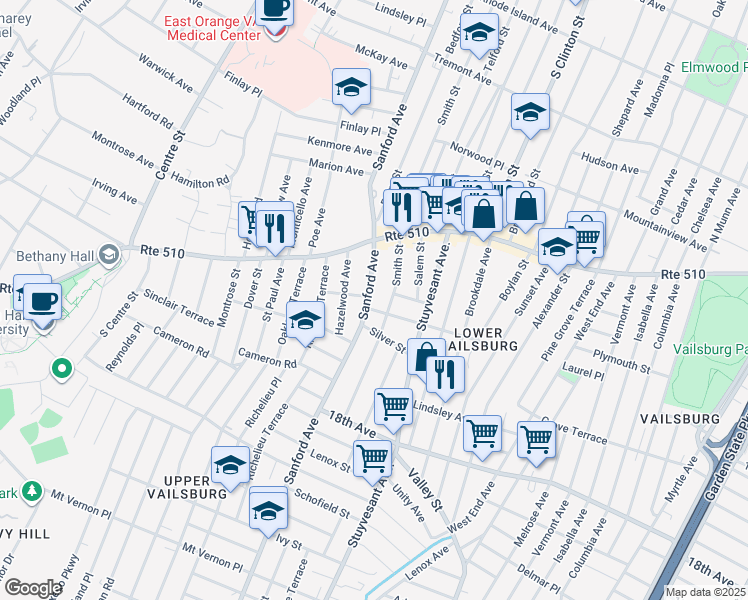map of restaurants, bars, coffee shops, grocery stores, and more near 500 Sanford Avenue in Newark