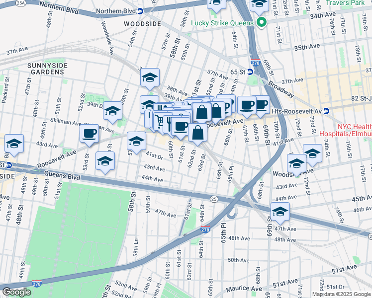 map of restaurants, bars, coffee shops, grocery stores, and more near 61-04 Woodside Avenue in Queens