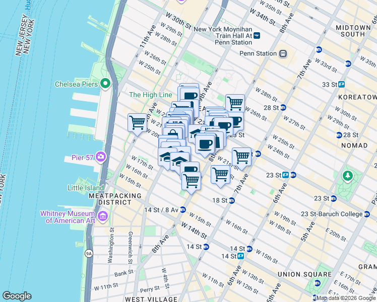 map of restaurants, bars, coffee shops, grocery stores, and more near 326 West 21st Street in New York