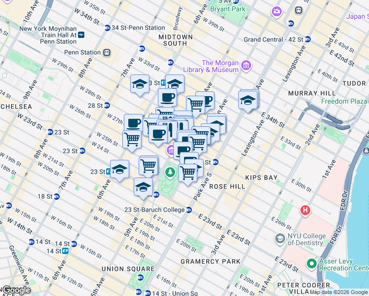 map of restaurants, bars, coffee shops, grocery stores, and more near 4 East 28th Street in New York