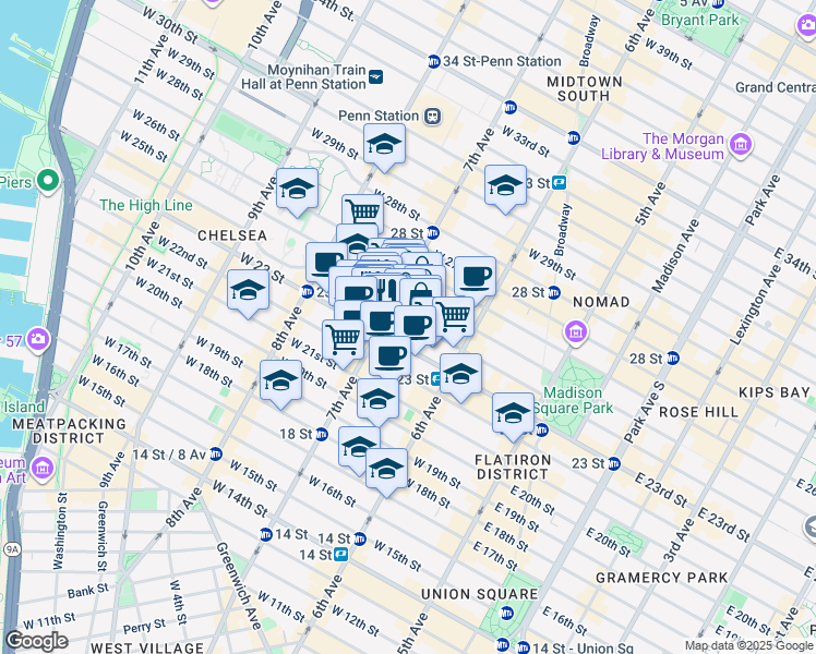map of restaurants, bars, coffee shops, grocery stores, and more near in New York