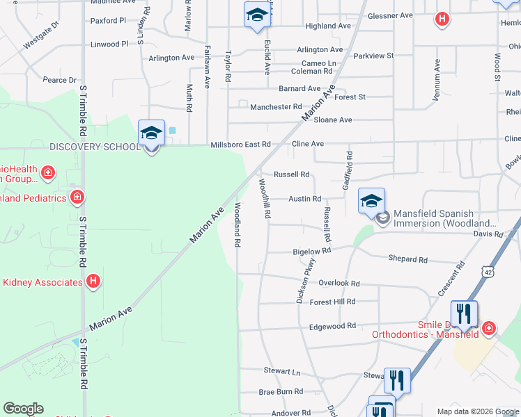 map of restaurants, bars, coffee shops, grocery stores, and more near 530 Woodhill Road in Mansfield