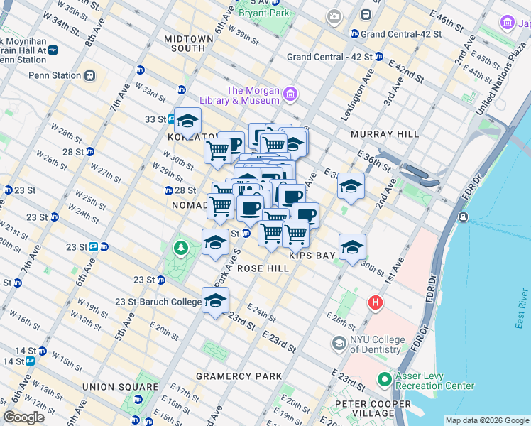 map of restaurants, bars, coffee shops, grocery stores, and more near in New York