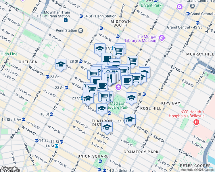 map of restaurants, bars, coffee shops, grocery stores, and more near 1155-1157 Broadway in New York