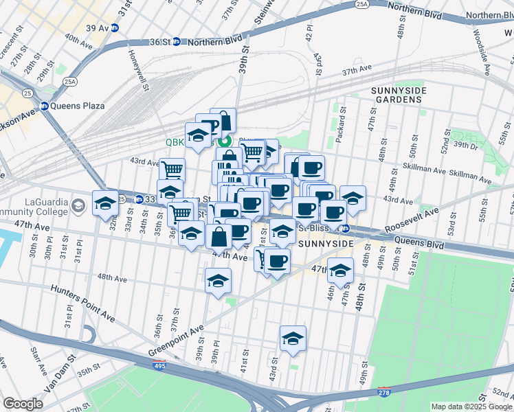 map of restaurants, bars, coffee shops, grocery stores, and more near 43-45 40th Street in Queens