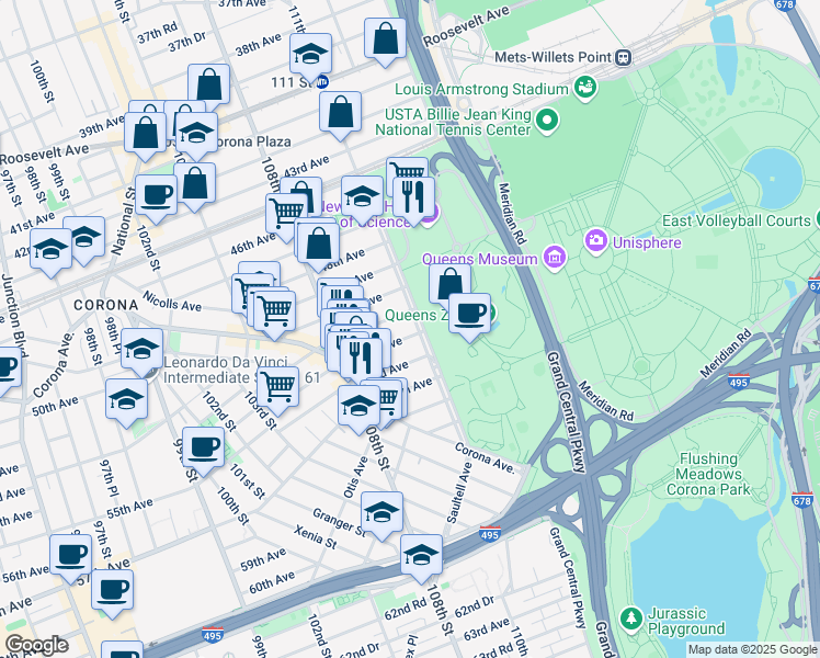 map of restaurants, bars, coffee shops, grocery stores, and more near 51-06 111th Street in Queens