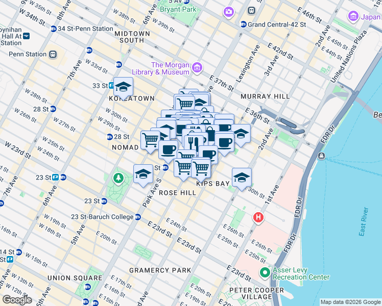map of restaurants, bars, coffee shops, grocery stores, and more near 114 East 32nd Street in New York