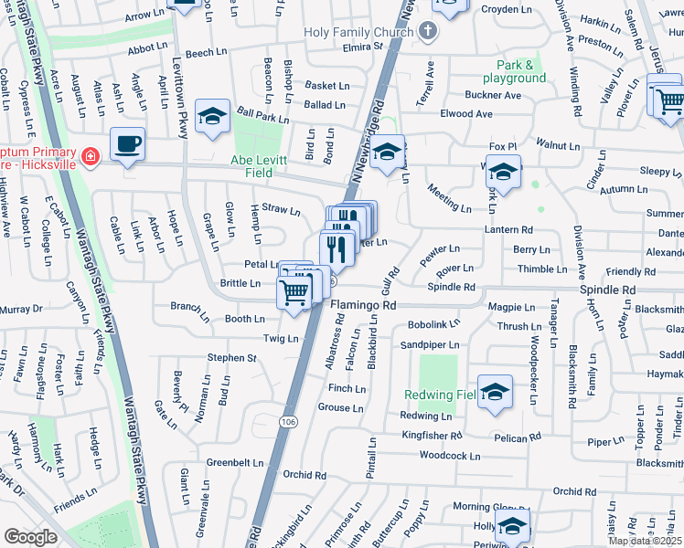 map of restaurants, bars, coffee shops, grocery stores, and more near 26 West Village Green in Hicksville