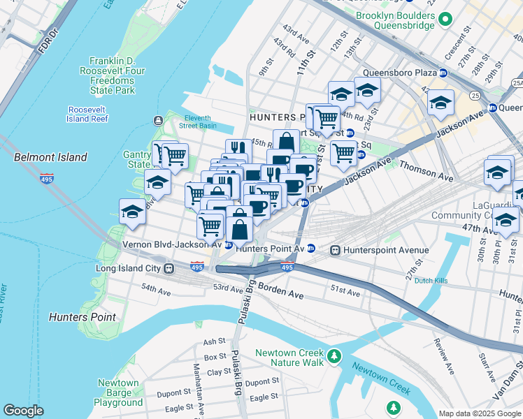 map of restaurants, bars, coffee shops, grocery stores, and more near 10-49 47th Road in Queens