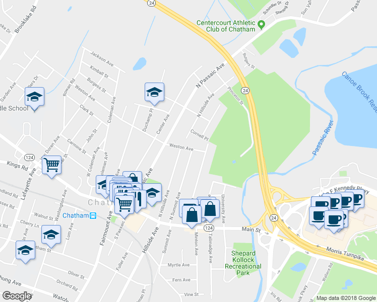 map of restaurants, bars, coffee shops, grocery stores, and more near 71 North Summit Avenue in Chatham Township