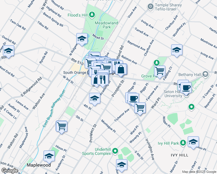 map of restaurants, bars, coffee shops, grocery stores, and more near 105 Milligan Place in South Orange